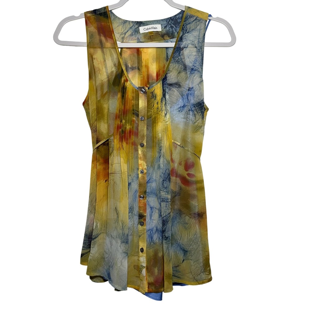 Calvin Klein‎ Sheer Abstract Print Sleeveless Button Front Tunic Top Size S